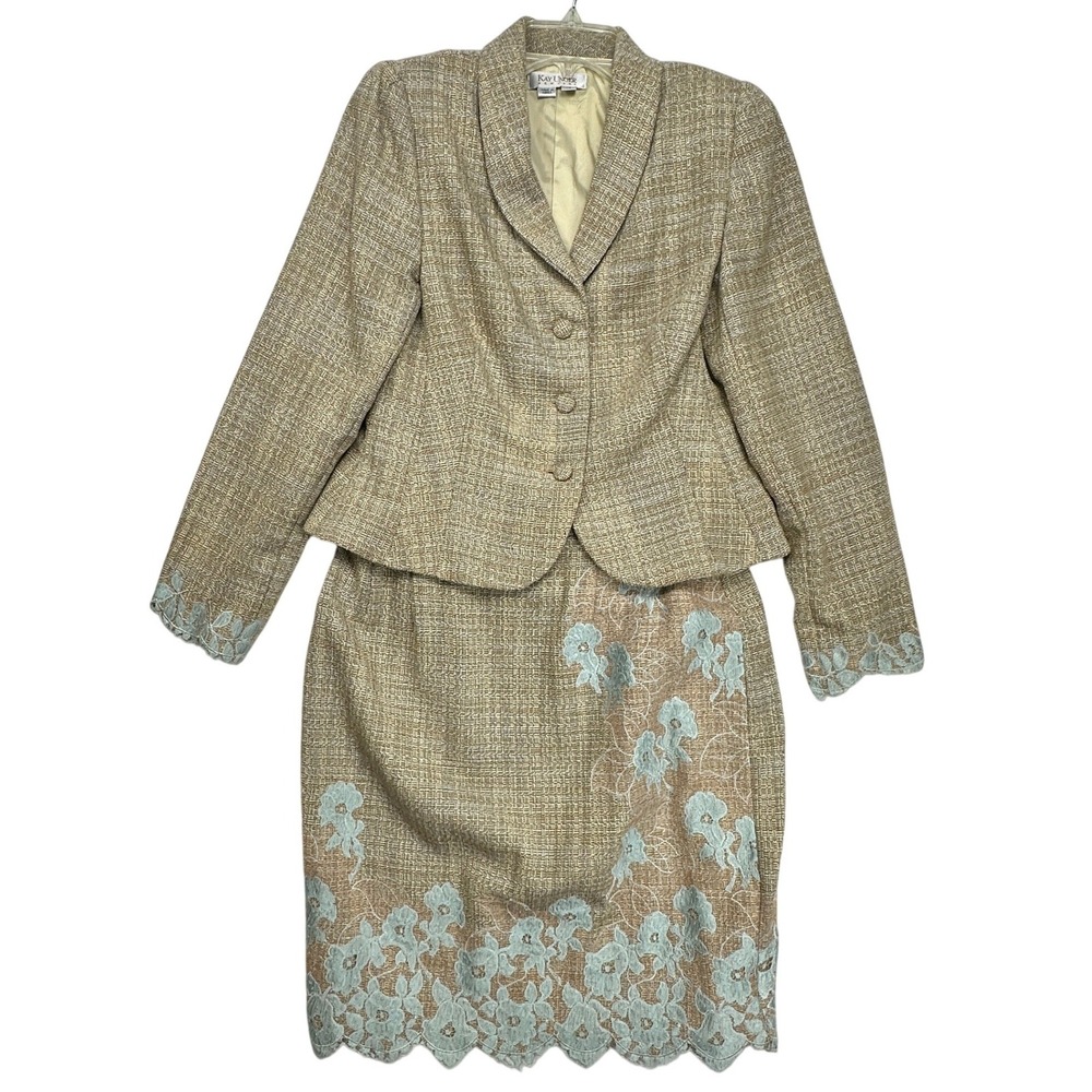 Vintage Kay Unger New York 14 Skirt Suit Tweed Blue Floral Lace Blazer‎ Set Tan